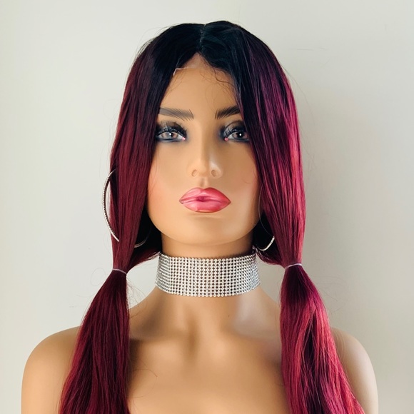 Gorgeous 28” Dark Rooted Burgundy Lace Part Synthetic Wig - Picture 3 of 16